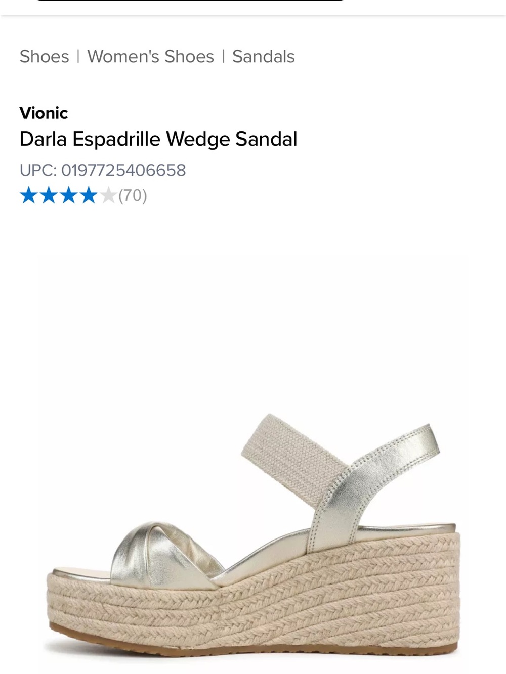 Vionic Gold Metallic Espadrille Wedge Sandals - Picture 10 of 10